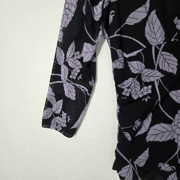 VTG Worthington Babydoll Top XL Black Purple Floral Surplice Neck Ruched Sides - Picture 5 of 14